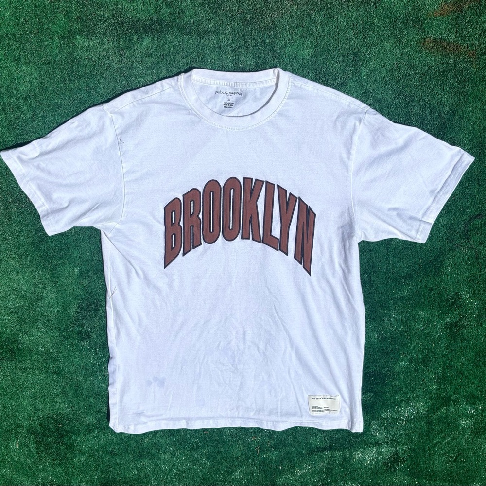 White T-Shirt with Embroidered Brooklyn Across Chest